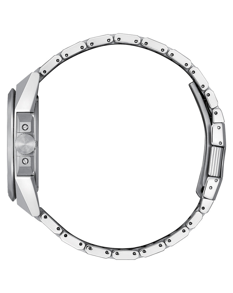 Stainless steel wristwatch with a metal link bracelet viewed from the side.