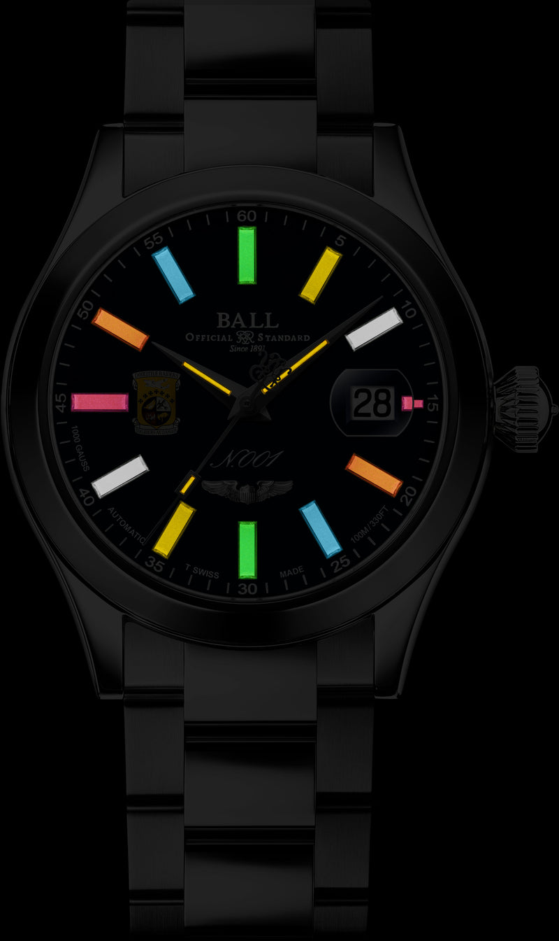 Wristwatch with a black face and colorful hour markers.