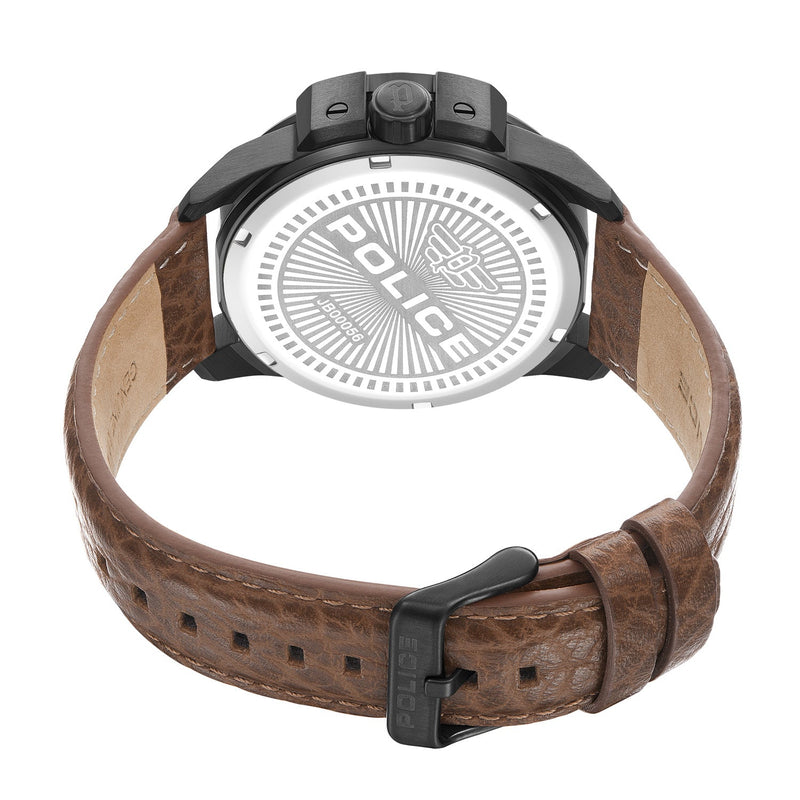 Wristwatch with a brown leather strap and black case.