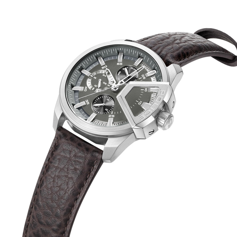 Stylish men’s wristwatch with a gray dial, chronograph subdials, and brown leather strap.