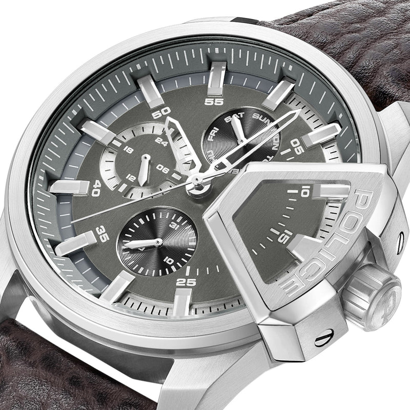 Stylish men’s chronograph wristwatch with a gray dial and silver case.