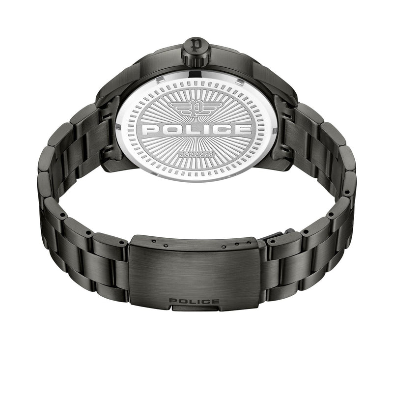 Dark metallic wristwatch with ’POLICE’ branding on its face.