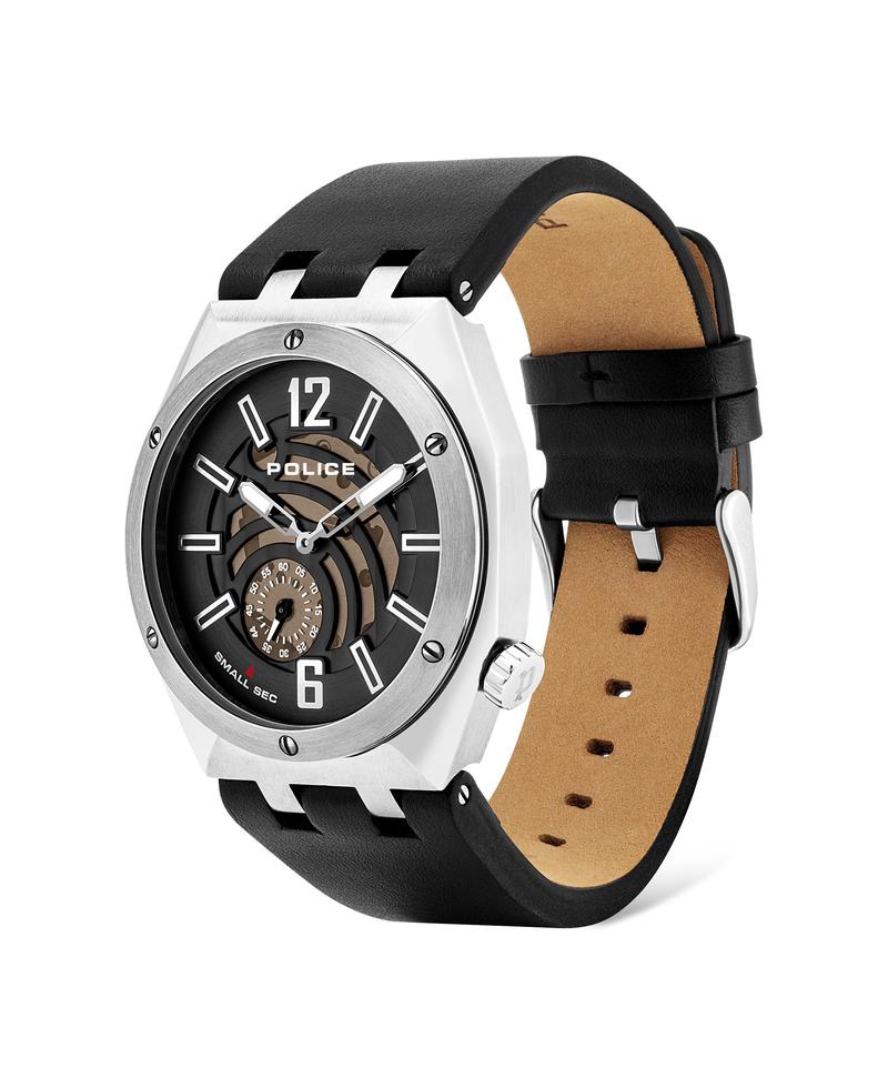 Stylish wristwatch with a black leather strap and silver-toned case featuring a partially visible mechanism on its black dial.