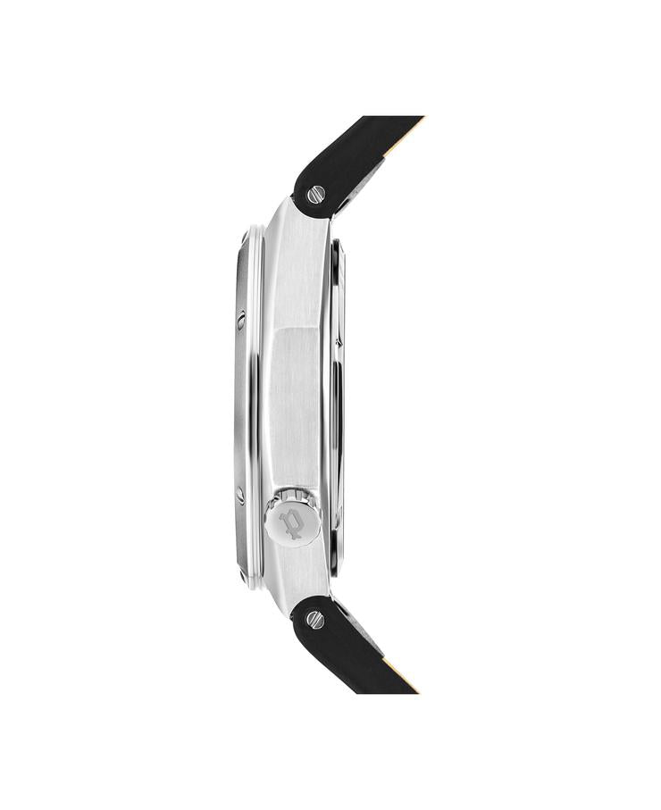 Wristwatch with a black leather strap and silver-toned case viewed from the side.