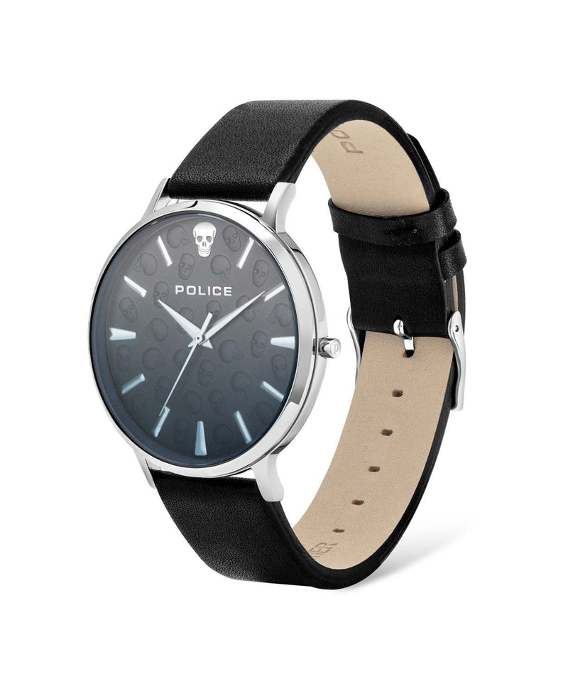 Sleek wristwatch with a black leather strap and silver case featuring a dark dial.