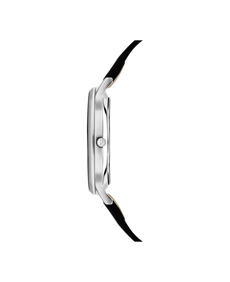 Sleek wristwatch with a silver case and black leather strap viewed from the side.