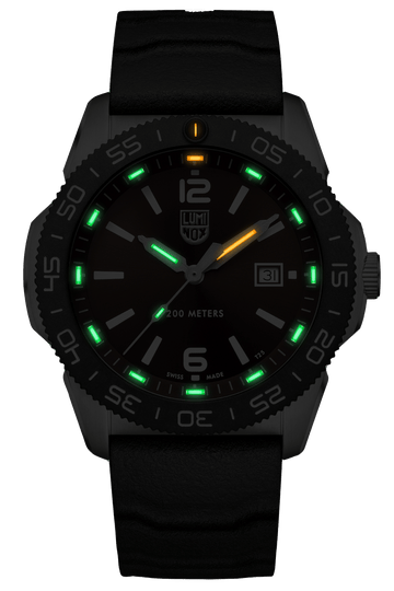 Black tactical wristwatch with luminous markers on the dial.