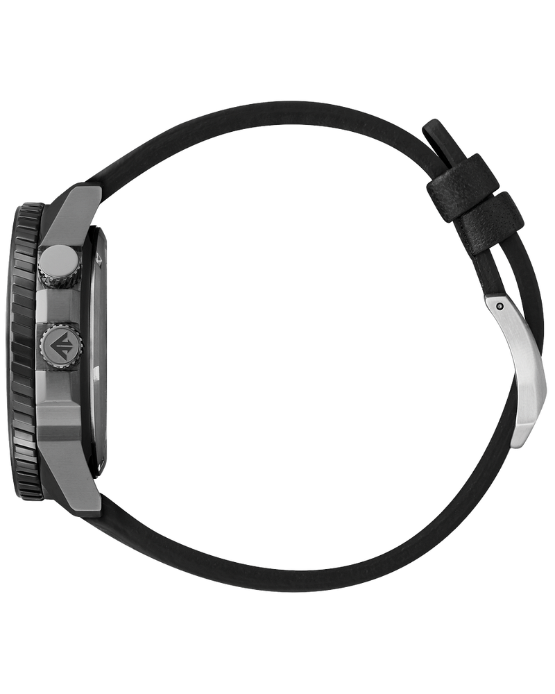 Black wristwatch with a round face and rubber strap.