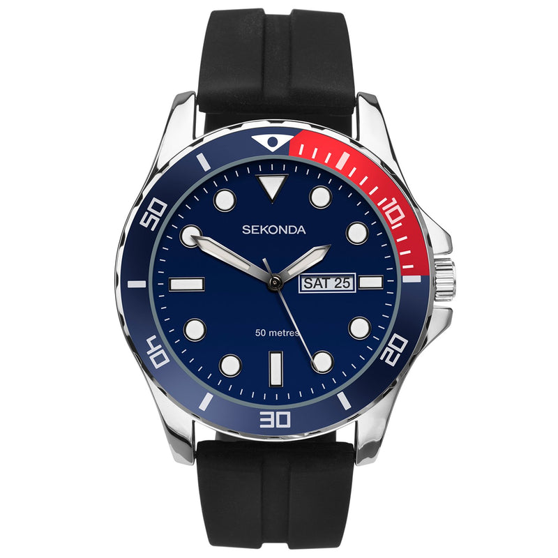 Wristwatch with a blue and red bezel, navy dial, and black rubber strap.