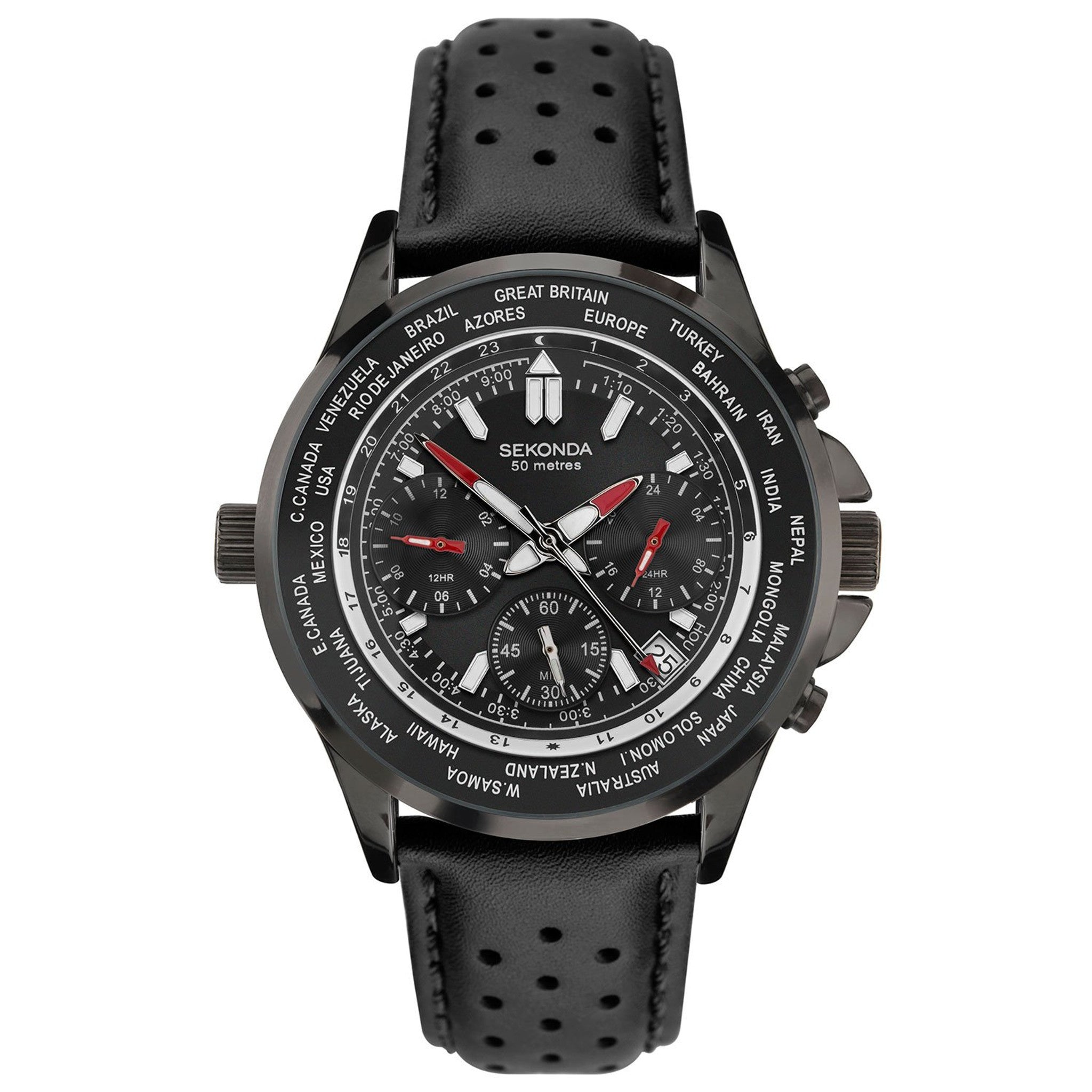 Black chronograph wristwatch with a perforated leather strap and world time bezel.