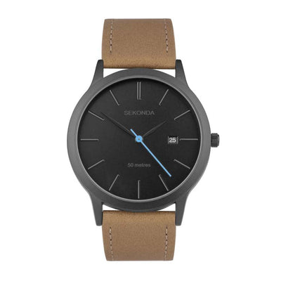 Sleek wristwatch with a black face, gray case, and tan leather strap.