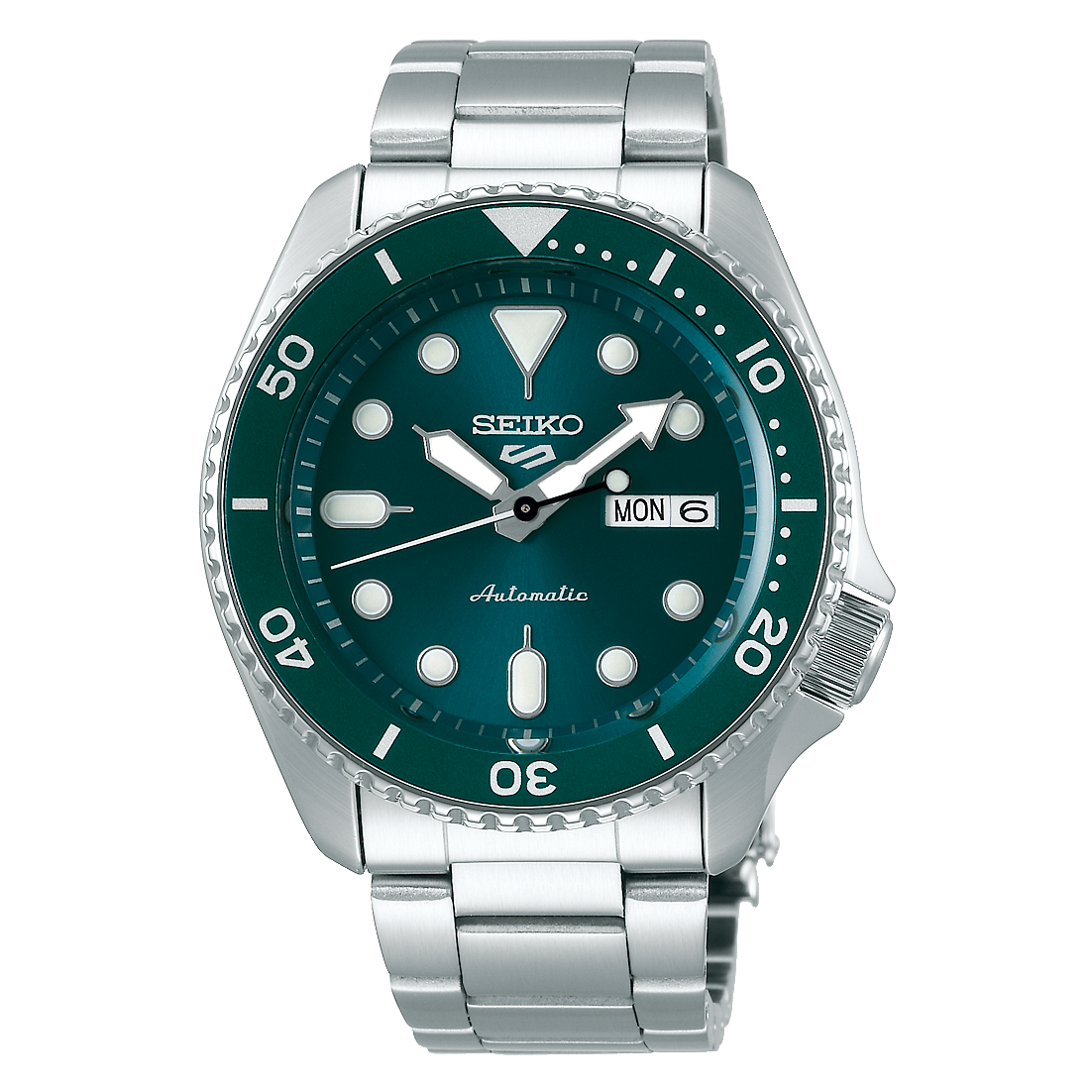 Seiko 5 Sports automatic dive watch with a green dial and stainless steel bracelet.