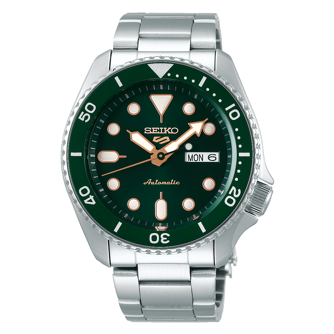 Seiko automatic dive watch with a green dial and stainless steel bracelet.