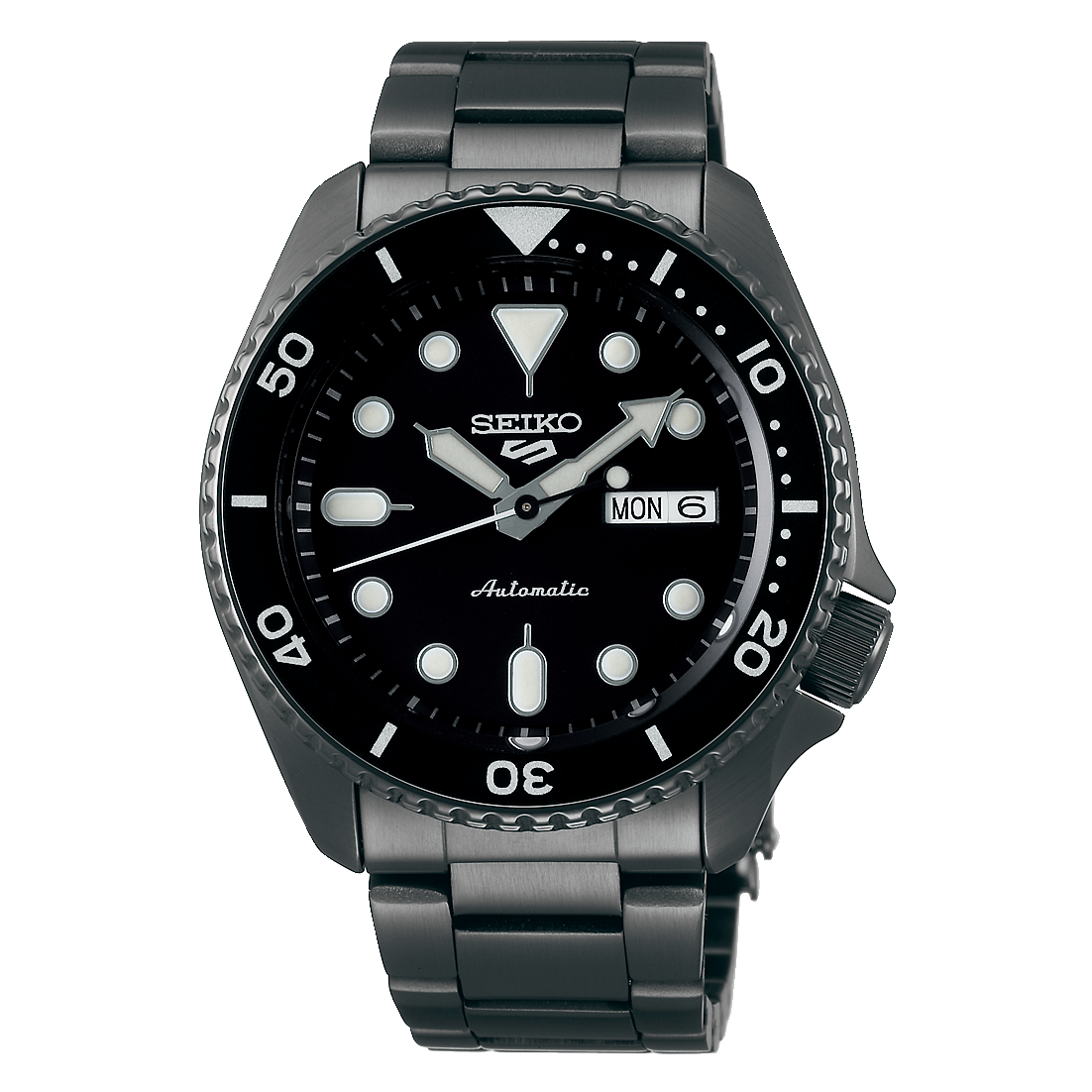 Black Seiko 5 Sports automatic dive watch with a metal bracelet.
