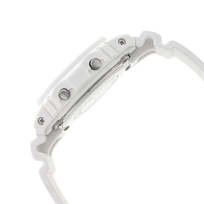White digital wristwatch with a sporty design.