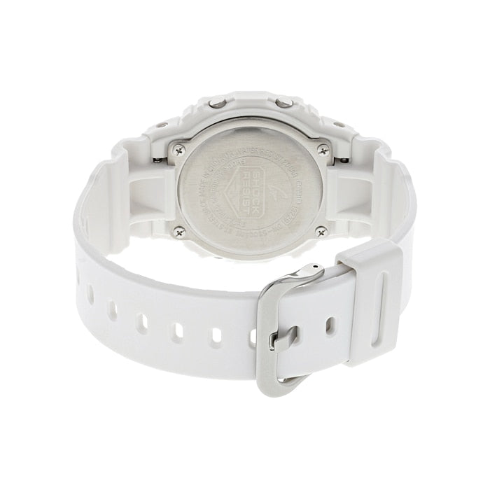 White wristwatch band with a metal clasp and circular watch face backing.