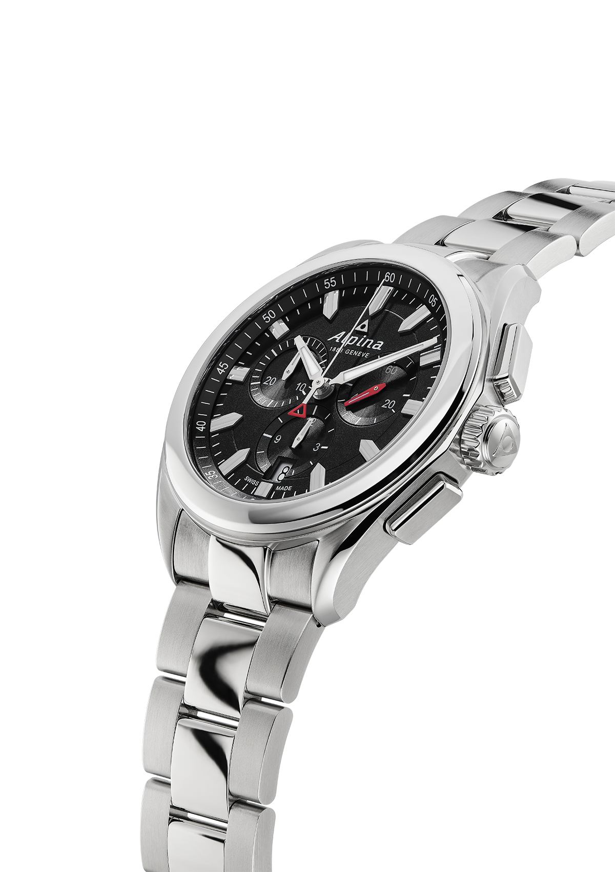 Stainless steel chronograph wristwatch with a black dial and silver bracelet.