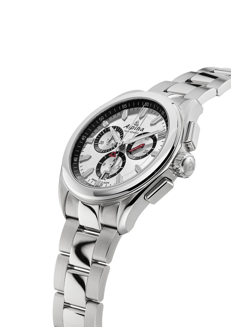 Stainless steel chronograph wristwatch with a white dial and multiple subdials.