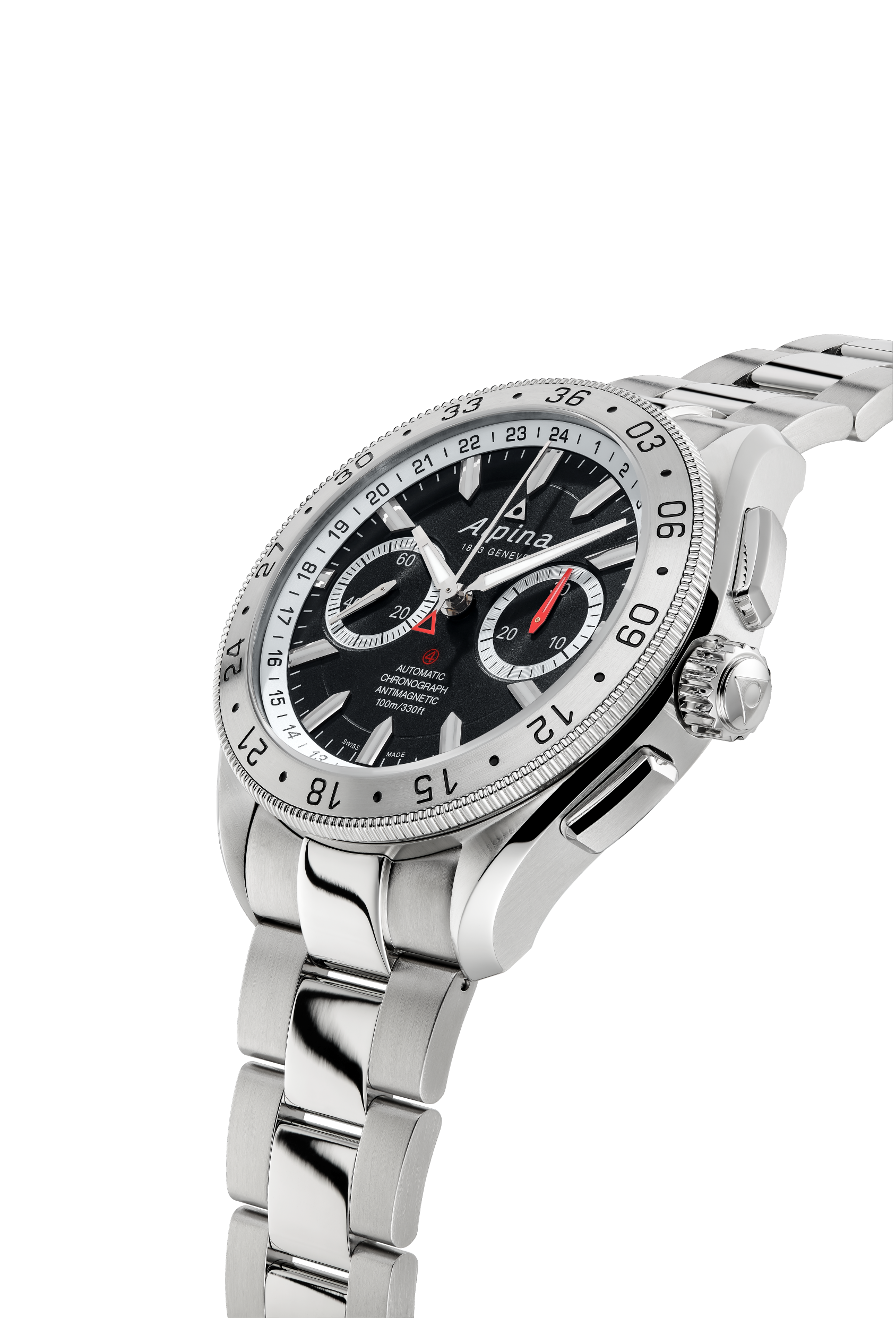 Luxury stainless steel chronograph wristwatch with a black dial 