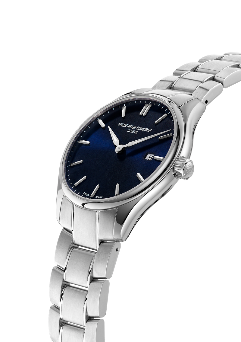 Stainless steel wristwatch with a dark blue dial and silver-toned metal bracelet.