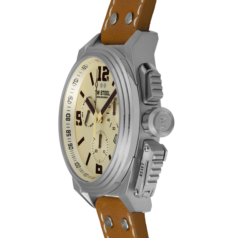 Stainless steel wristwatch with a tan leather strap and beige dial face.