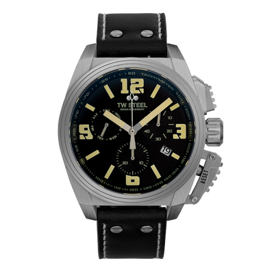 Stylish men’s wristwatch with a black dial, silver case, and leather strap.