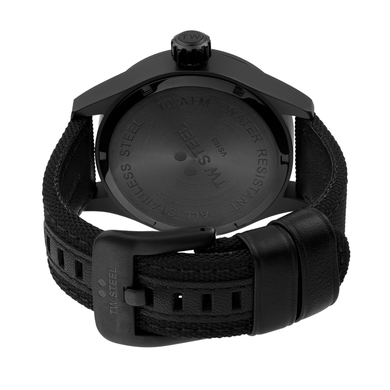 Black wristwatch with a textured strap and round face.