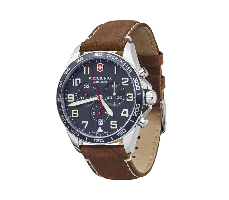 Victorinox Swiss Army wristwatch with a brown leather strap and dark blue dial face.