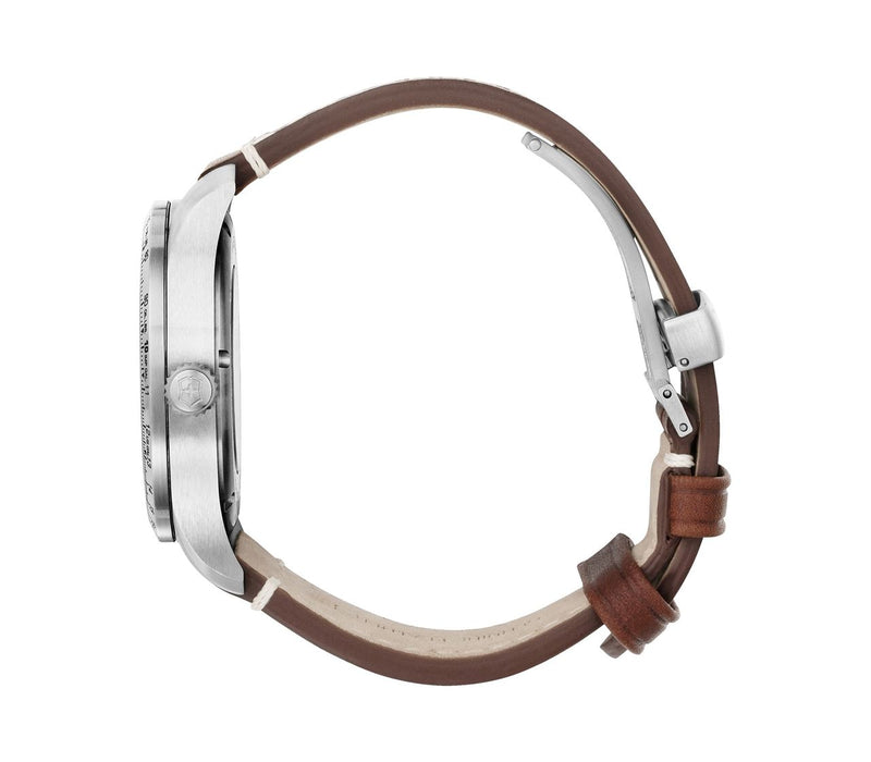 Wristwatch with a brown leather strap and silver-toned case.