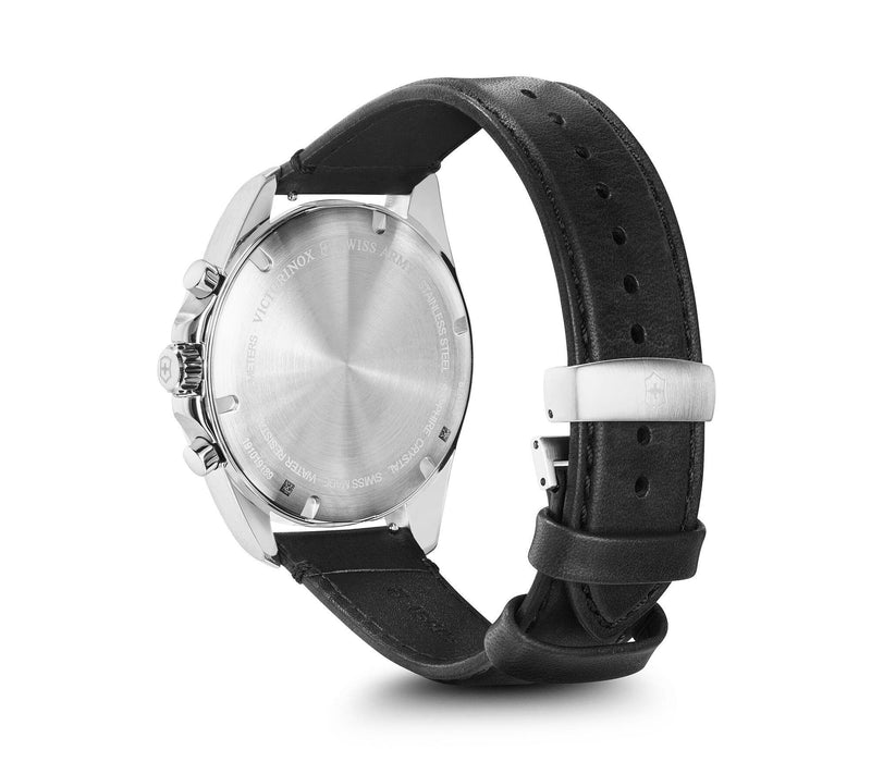 Wristwatch with a black leather strap and silver-toned case.