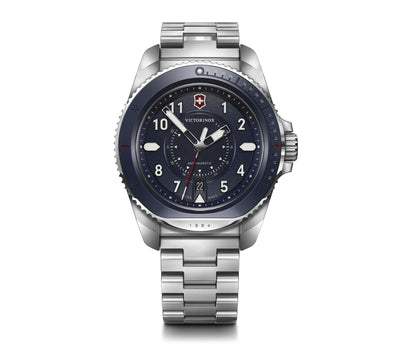 Stainless steel Swiss Army wristwatch with a black dial and rotating bezel.