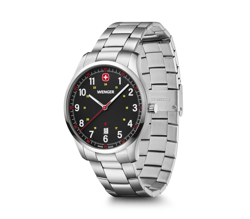 Stainless steel wristwatch with a black dial and red accents.