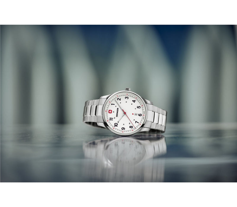 Silver wristwatch with a white dial and red accents.