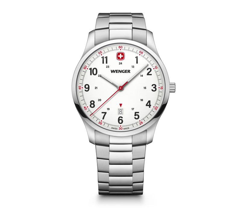 Silver wristwatch with a white face and red accents.