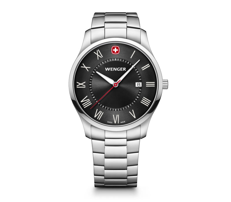 Stainless steel wristwatch with a black dial and Roman numeral markers.