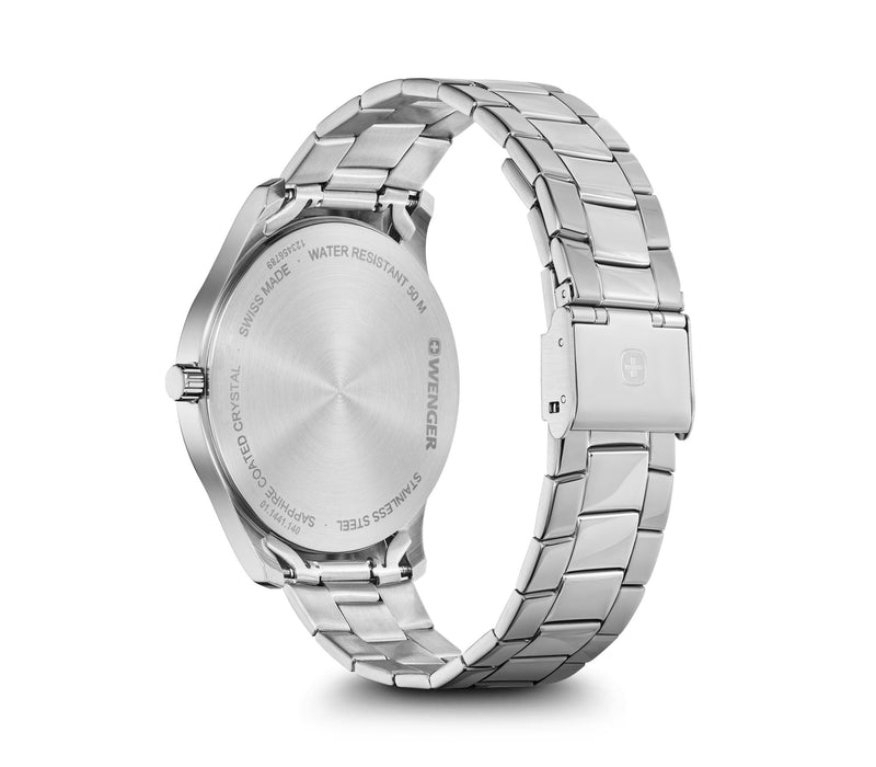 Silver metal wristwatch with a linked bracelet band.