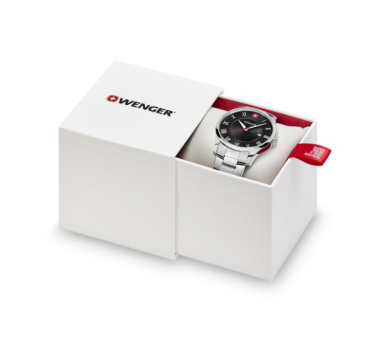 Wenger wristwatch in an open white presentation box with red accents.