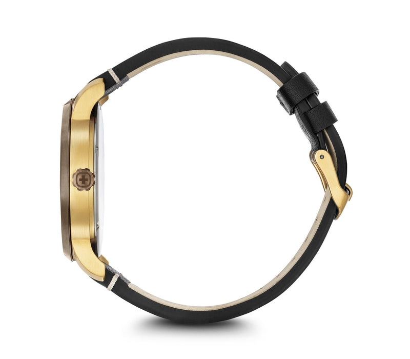 Gold-toned wristwatch with a black leather strap.