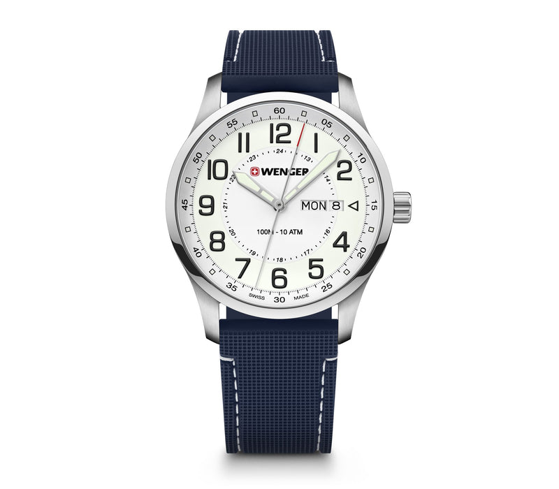 Wenger wristwatch with a white dial and blue fabric strap.