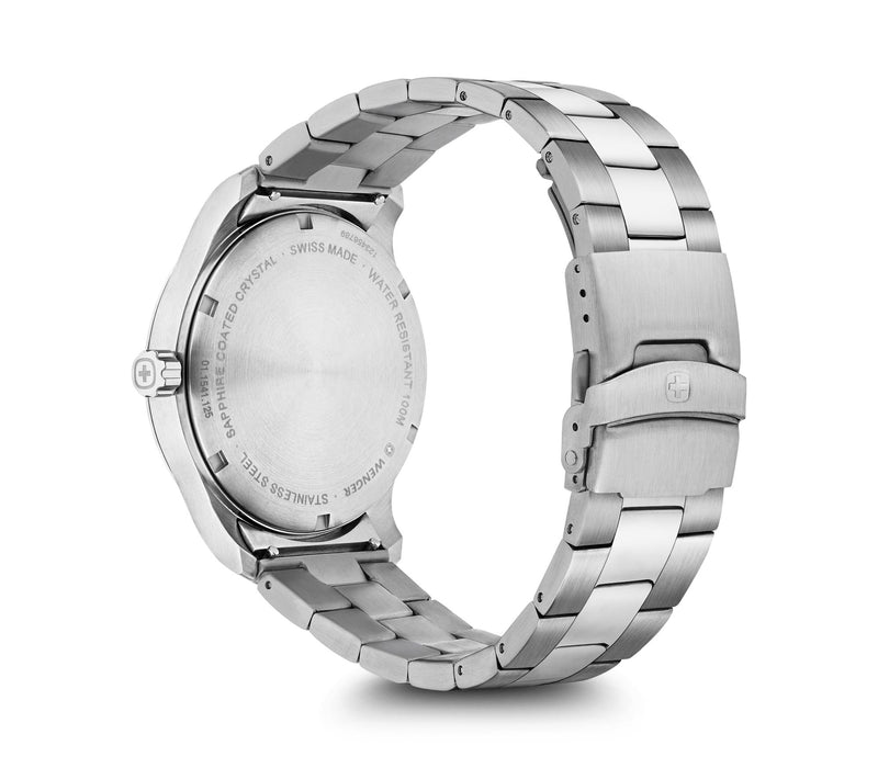 Silver metal wristwatch with a linked bracelet band.