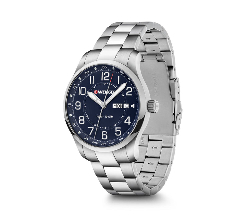 Silver wristwatch with a dark blue dial and metal bracelet.
