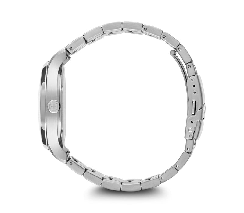 Silver wristwatch with a metal link bracelet.