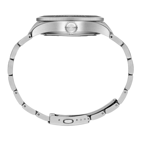 Silver wristwatch with a metal bracelet and round face.