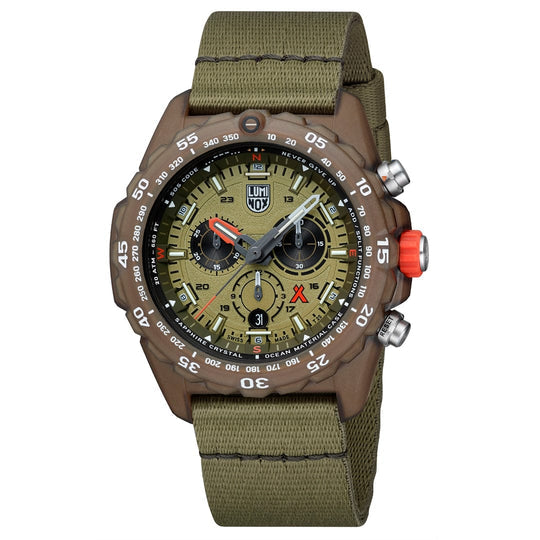 Rugged military-style wristwatch with a green canvas strap and brown casing.