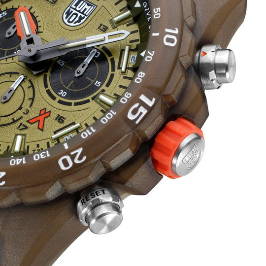 Rugged military-style wristwatch with multiple dials and buttons.