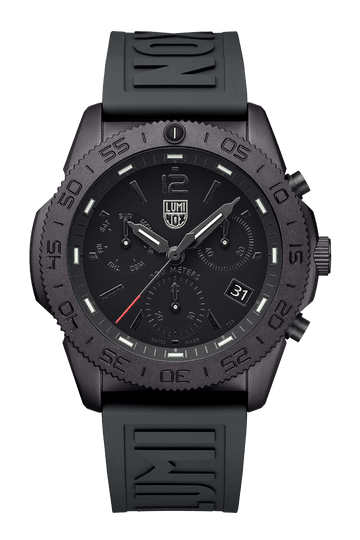 Black tactical-style wristwatch with a chronograph dial and rubber strap.