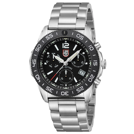 Stainless steel Luminox wristwatch with a black dial and rotating bezel.