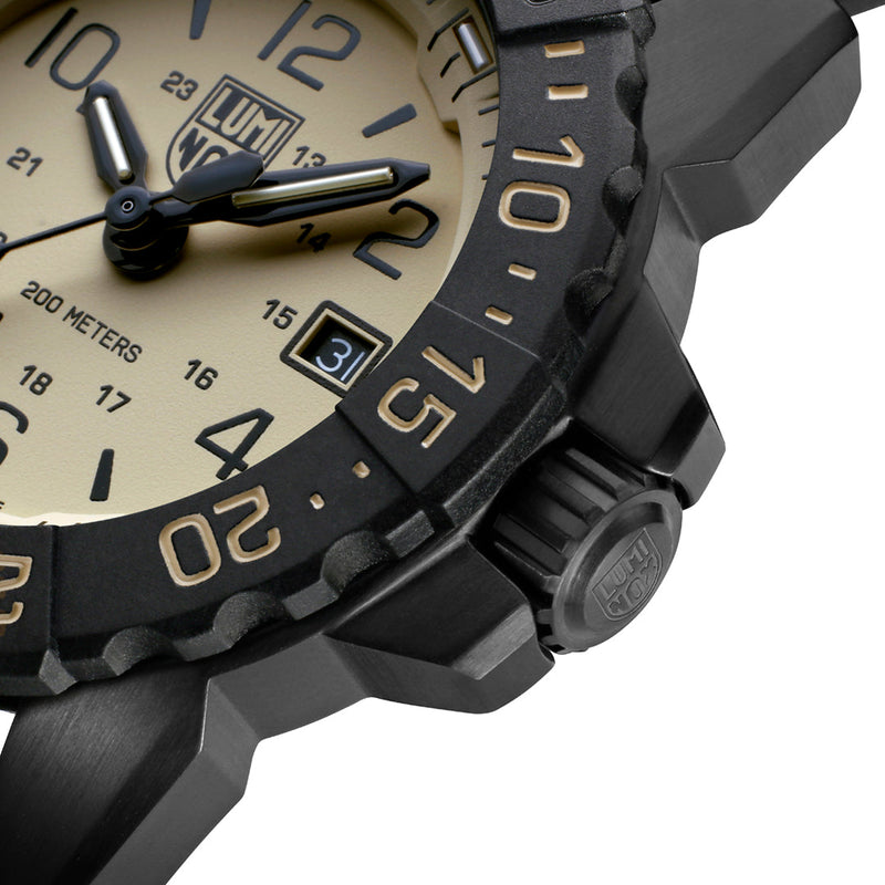 Rugged wristwatch with a black bezel and cream-colored dial showing 10:10.