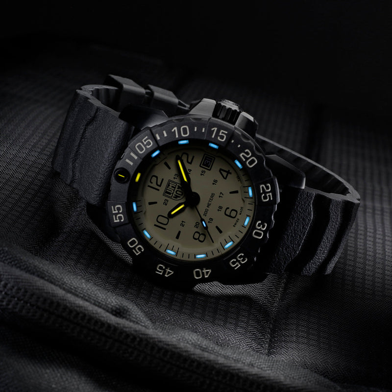 Rugged black wristwatch with luminous dial markings and a rotating bezel.