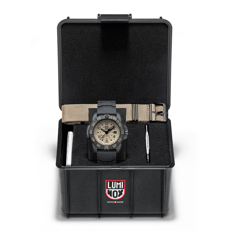 Rugged military-style wristwatch in a black presentation box.